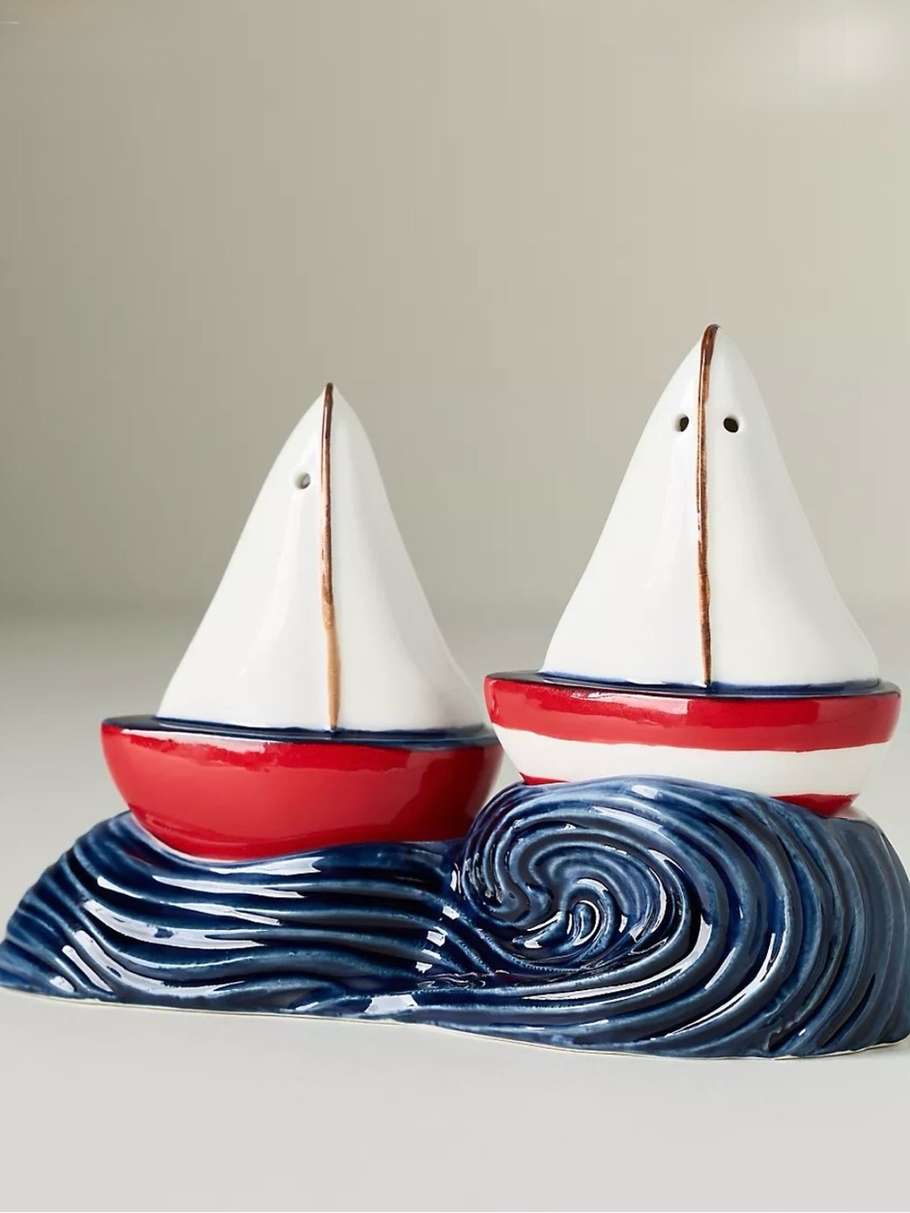 Anthropologie Maritime Stoneware Salt & Pepper Shakers Red White Blue Waves